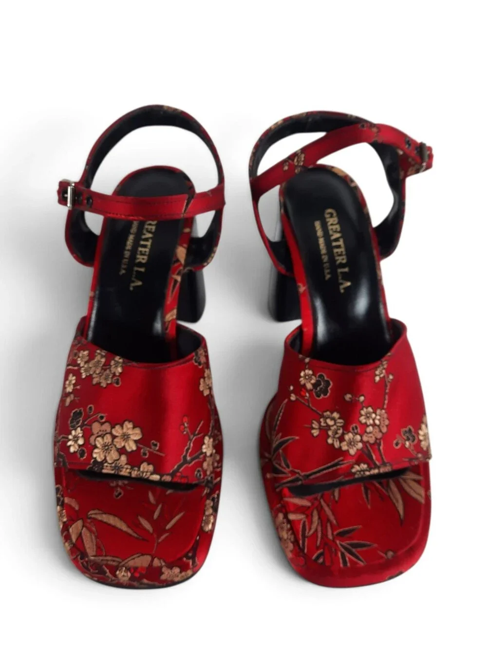 New Y2K GREATER L.A. Platform Heels Sandles Asian Red Satin Floral MCM Vtg 7